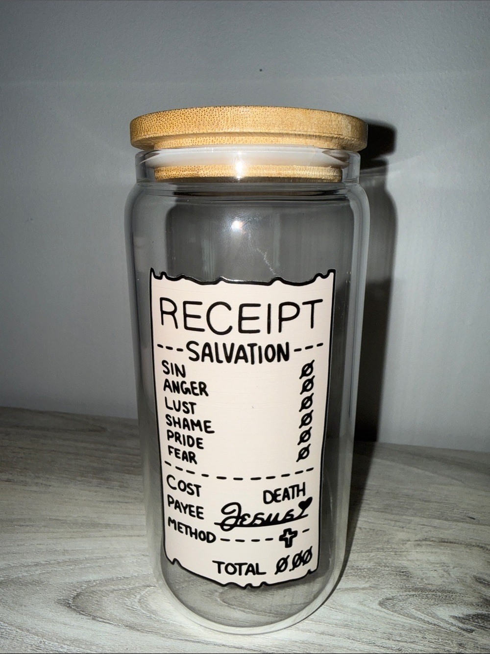 Clear Glass Storage Jar with Bamboo Lid - Jesus Paid it all Label